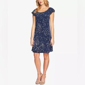 CeCe Printed Bubble-Sleeve Dress Blue Size Small